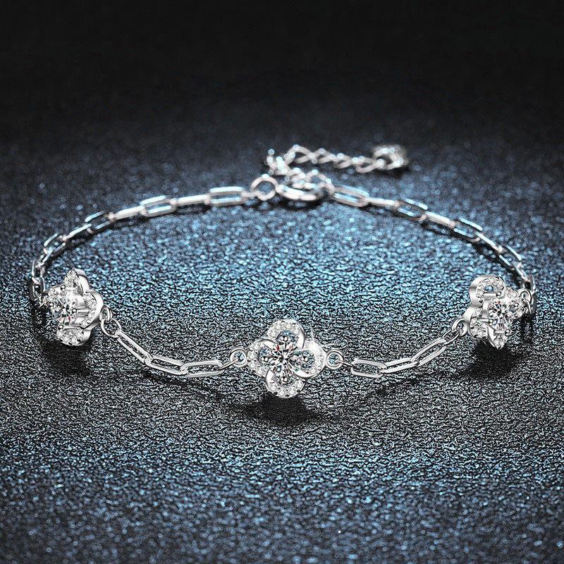 Cross-border S925 Sterling Silver Moissanite Four-Leaf Clover Bracelet High Version Non-Fading Bracelet Queen's Day Jewelry