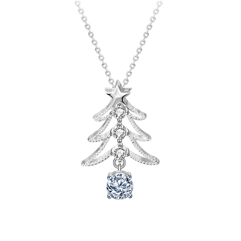925 Silver Christmas Tree Necklace Pendant Jewelry, New European and American Style Moissanite Collar Accessories, Ins Christmas Gift