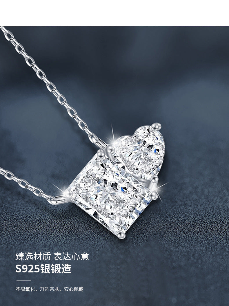 Cross-border Jewelry Moissanite Necklace 925 Sterling Silver Women's Pendant Rectangle Heart Clavicle Chain European and American Hot-selling Necklace