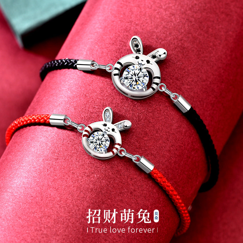 Moissanite Diamond Lucky Rabbit Couple Wristband 925 Pure Silver Bracelet High Version National Trend Zodiac Rabbit Year of Birth Ornament
