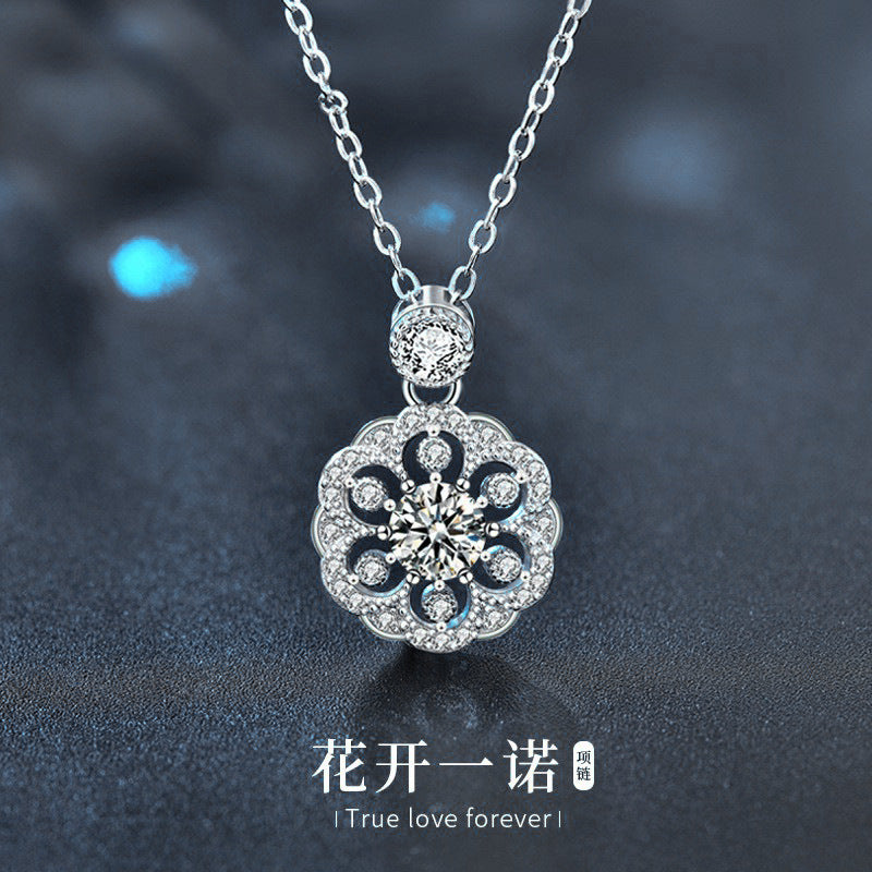 Original Design Cherry Blossom Necklace for Women, 925 Pure Silver Moissanite, Unique Chinese Style Collar Pendant, Versatile Jewelry
