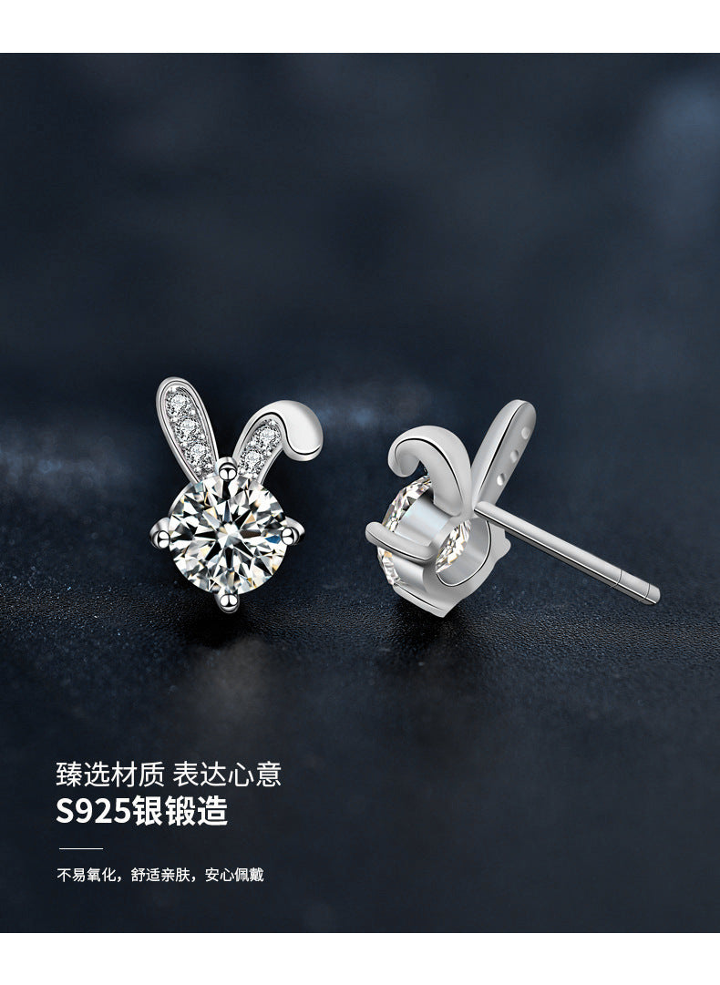 s925 cute rabbit earrings, women's pure silver, unique design, moissanite earrings, high-end earrings, design sense