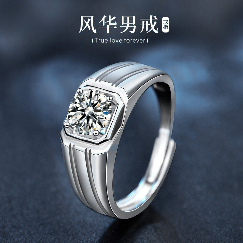 Moissanite 925 Sterling Silver Ring for Men, Simple Open Diamond Ring, Fashionable and Personalized Finger Ring Jewelry, Gift for Boyfriend