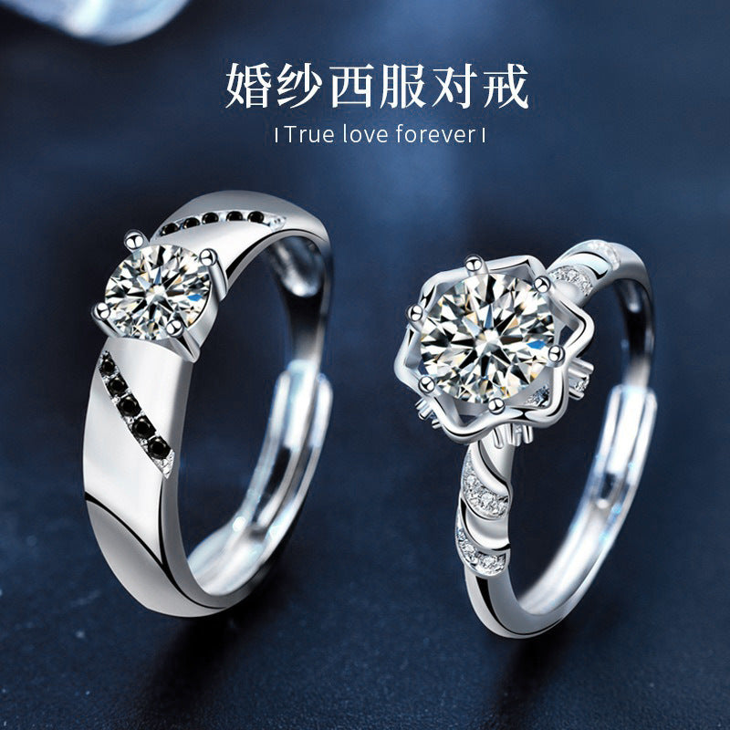 925 Sterling Silver Original Moissanite Couple Rings Ins Silver Jewelry Couple Rings Wedding Dress Suit Jewelry Open Finger Rings Accessories