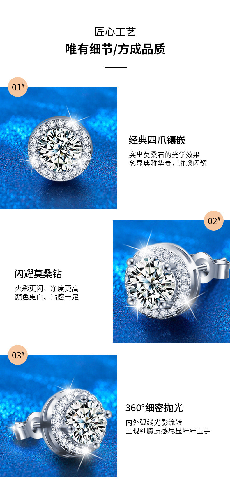 Moissanite Stud Earrings Sterling Silver Women's Simple Versatile 925 Silver Round Earrings for Pierced Ears Non-Fading