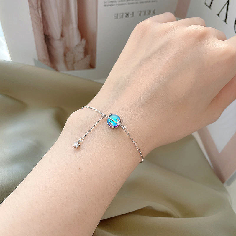 Moonstone Planet Bracelet 925 Sterling Silver Bangle for Women Mori Style Sweet Cute Tassel Small Ornaments