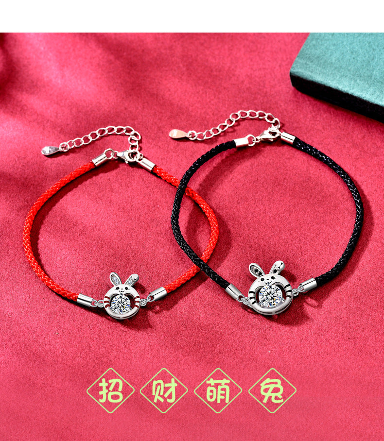 Moissanite Diamond Lucky Rabbit Couple Wristband 925 Pure Silver Bracelet High Version National Trend Zodiac Rabbit Year of Birth Ornament
