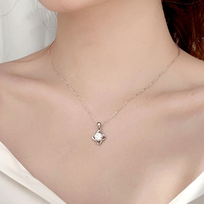 Mossianite Four-leaf Clover Necklace, Women's Korean Style New 925 Pure Silver Pendant Imitation Diamond Collar Jewelry