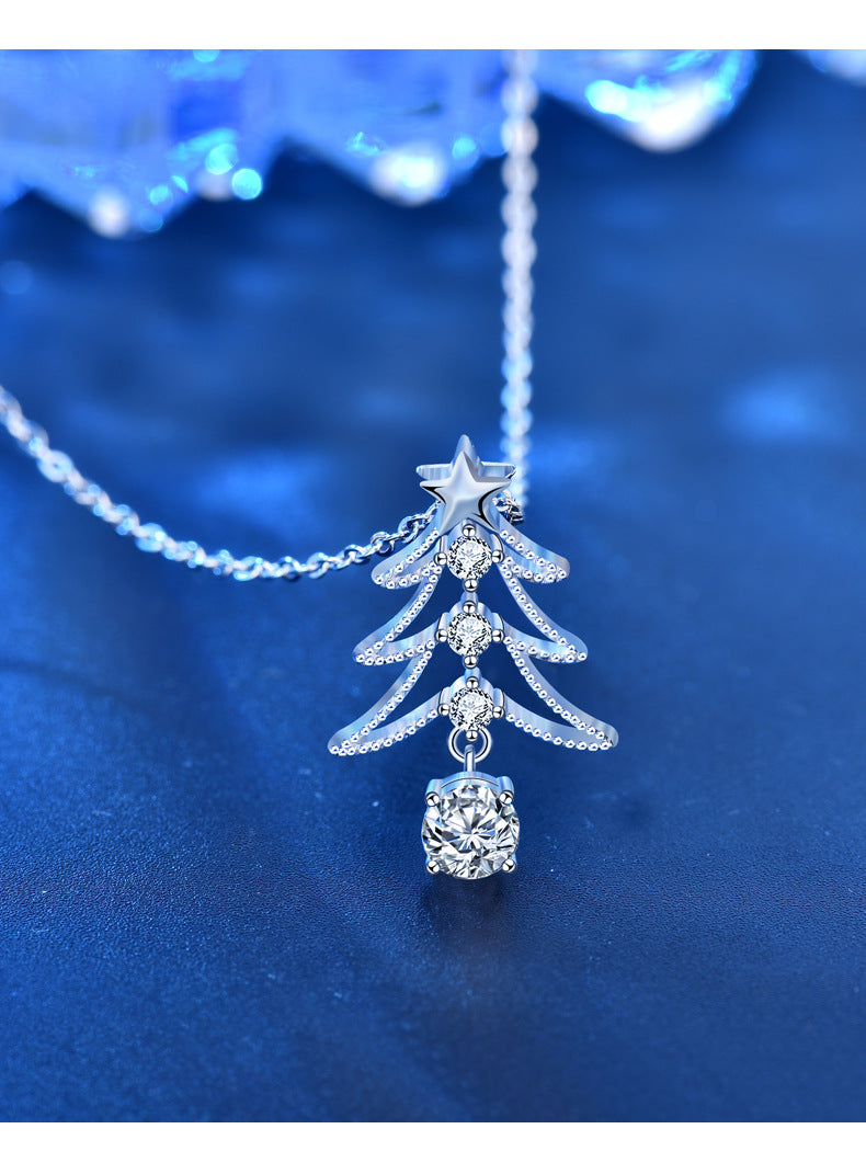 925 Silver Christmas Tree Necklace Pendant Jewelry, New European and American Style Moissanite Collar Accessories, Ins Christmas Gift