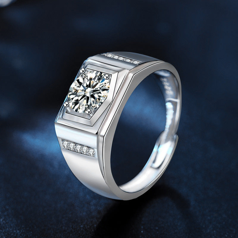 925 Sterling Silver Men's Ring Jewelry High-End Moissanite Simulated Diamond Ring European and American Hip Hop Men's Ring Cross-Border Good Product