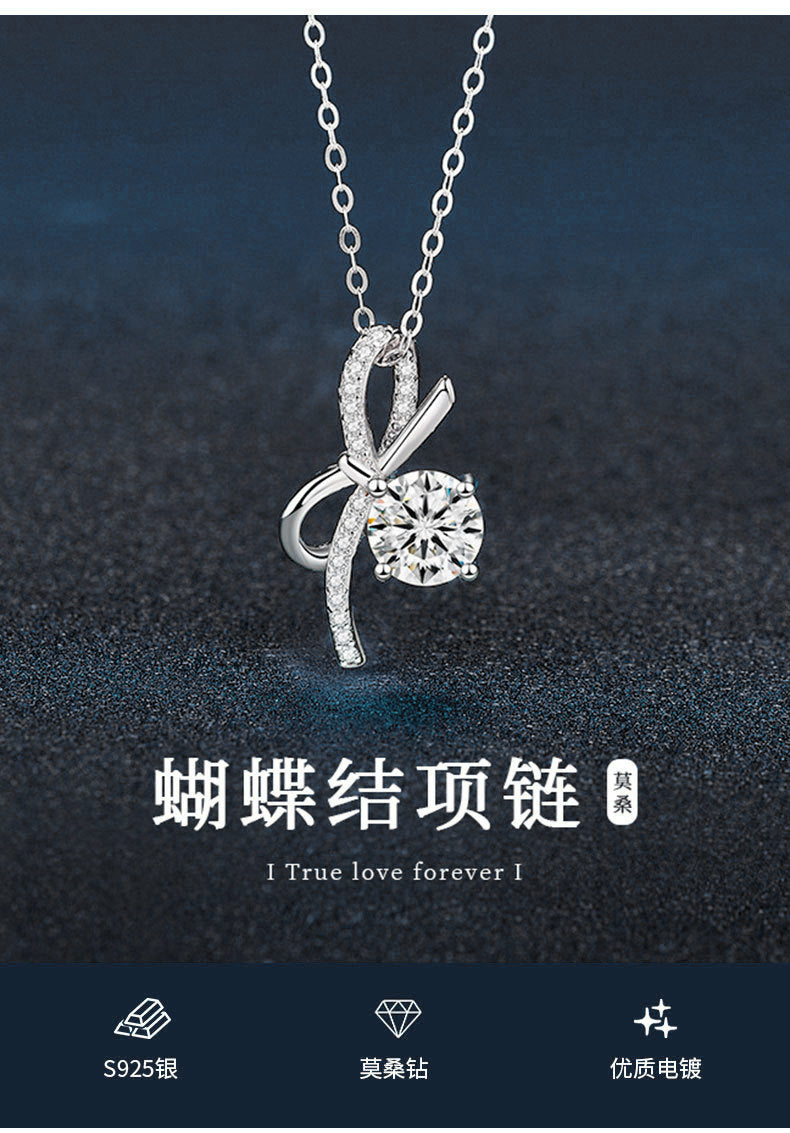 S925 Sterling Silver Luxury Bow Pendant Moissanite Necklace for Women, Unique Design, High-end Style, Cross-border Accessories