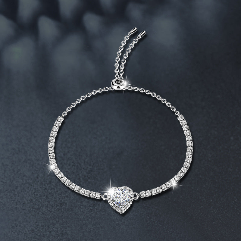 s925 Sterling Silver Heart Bracelet for Women, Simple and Versatile Silver Bracelet with Moissanite Inlay, Cross-border Jewelry