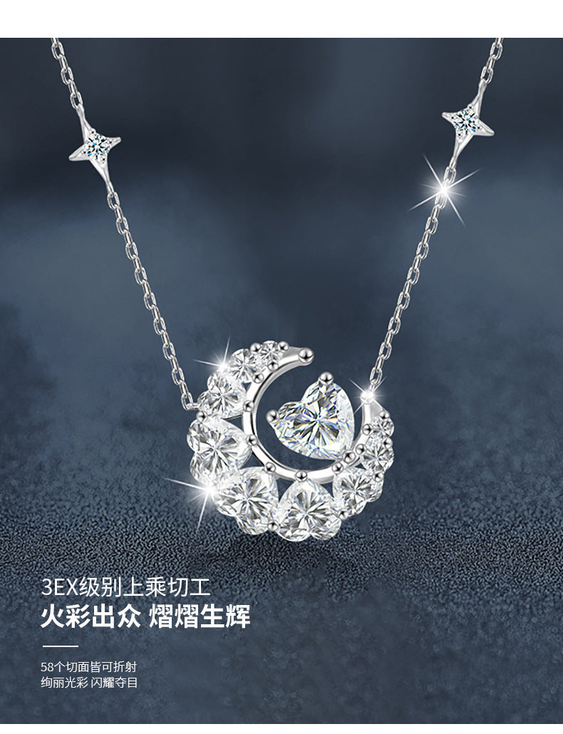 925 Silver Moissanite Star and Moon Necklace, Colorfast, Women's Design, Autumn and Winter High-end Heart Collar, Ins Unique
