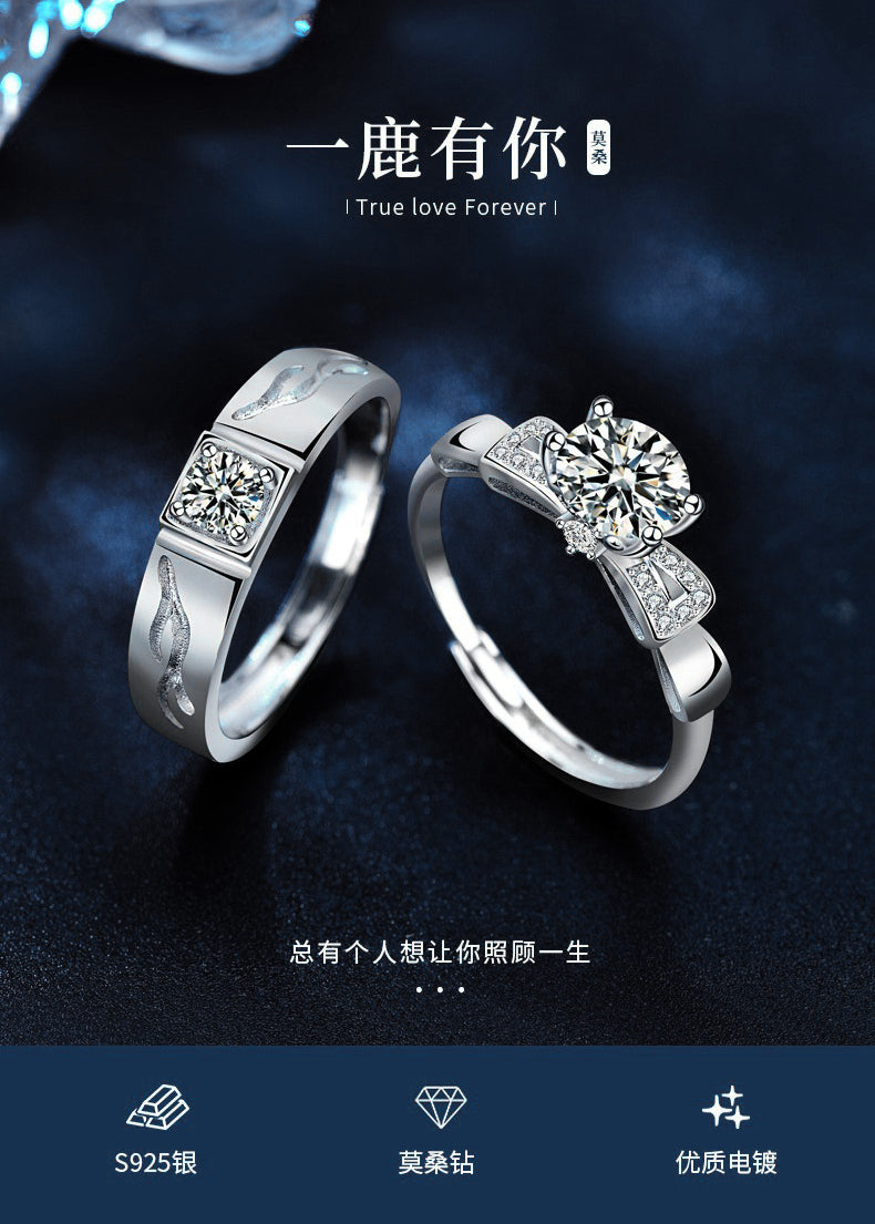 "With You, Deer" Couple Rings Wholesale 925 Sterling Silver Moissanite Simulated Diamond Christmas Jewelry Open Bracelet