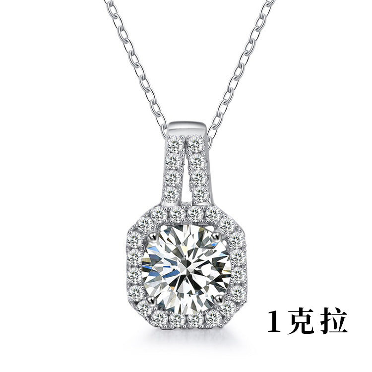 Moissanite 925 silver necklace, In style princess square pendant, summer European and American square silver accessory