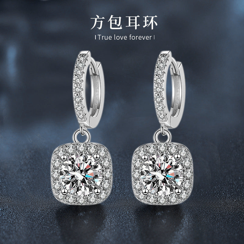 s925 Silver Earrings, Classic Square Pendant Earrings, Women's Lightweight Luxury High-end Long Stud Earrings with Moissanite Inlay