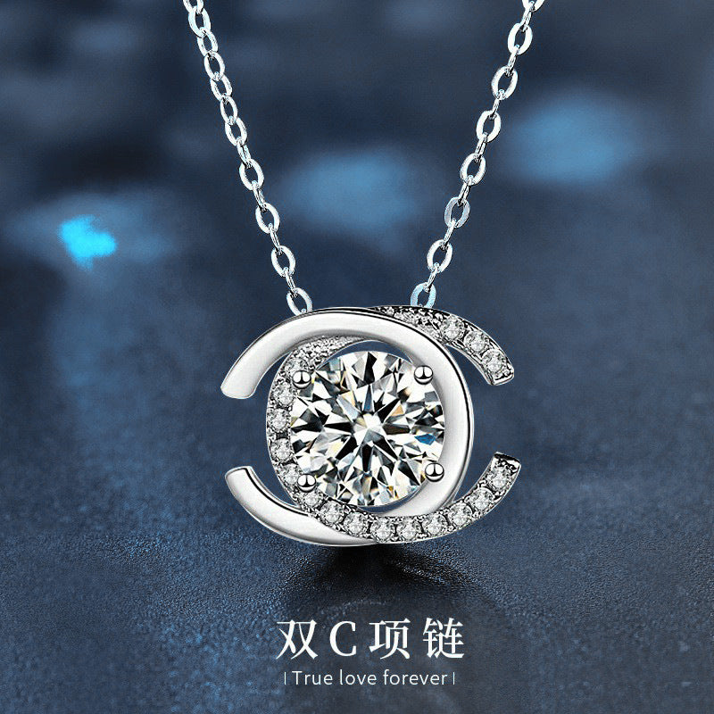 Moissanite Necklace 925 Sterling Silver Double C Letter Pendant Women's Clavicle Necklace Valentine's Day Gift Jewelry