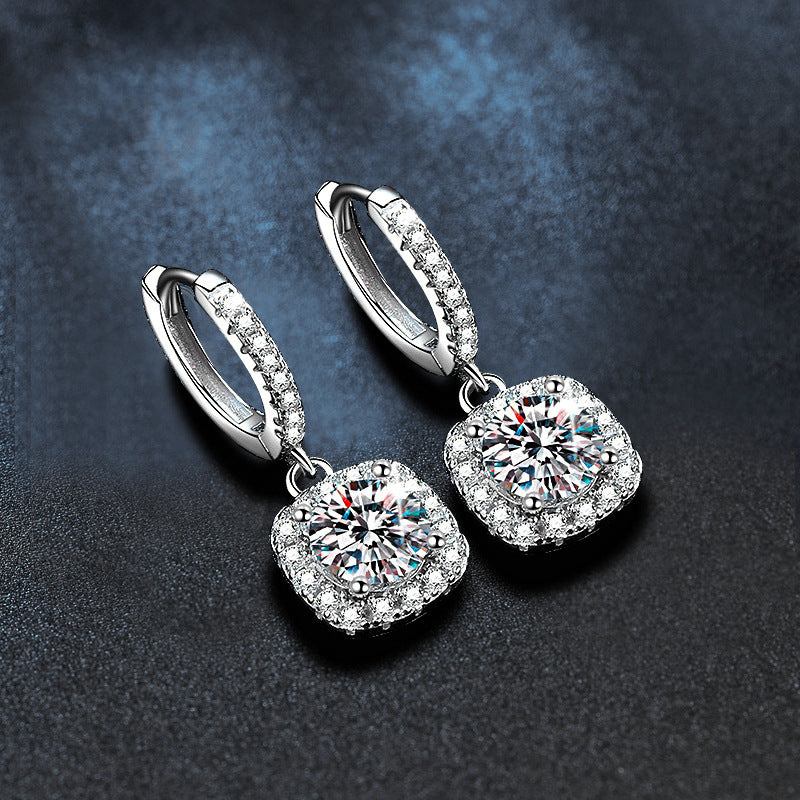 s925 Silver Earrings, Classic Square Pendant Earrings, Women's Lightweight Luxury High-end Long Stud Earrings with Moissanite Inlay