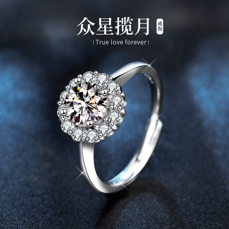 925 Sterling Silver Sunflower Ring Women's European and American Fashion Four-Claw Open Moissanite Diamond Ring Simulated Diamond Finger Ring