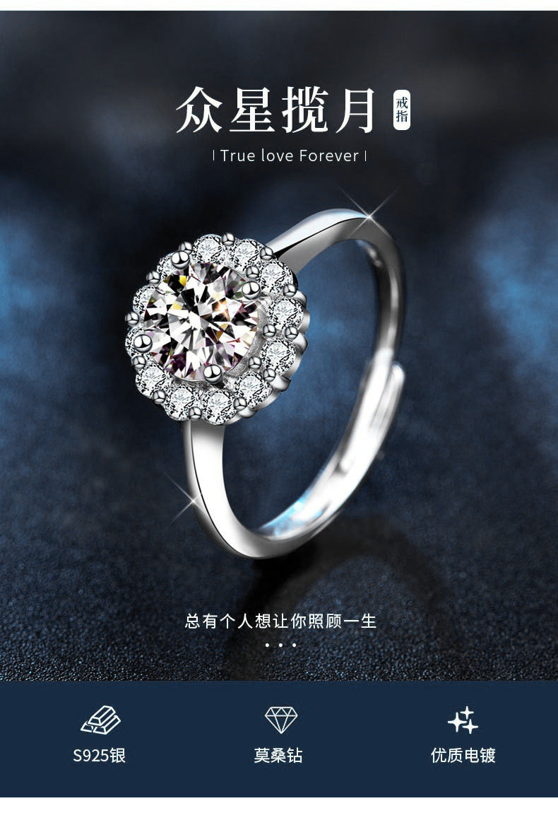925 Sterling Silver Sunflower Ring Women's European and American Fashion Four-Claw Open Moissanite Diamond Ring Simulated Diamond Finger Ring