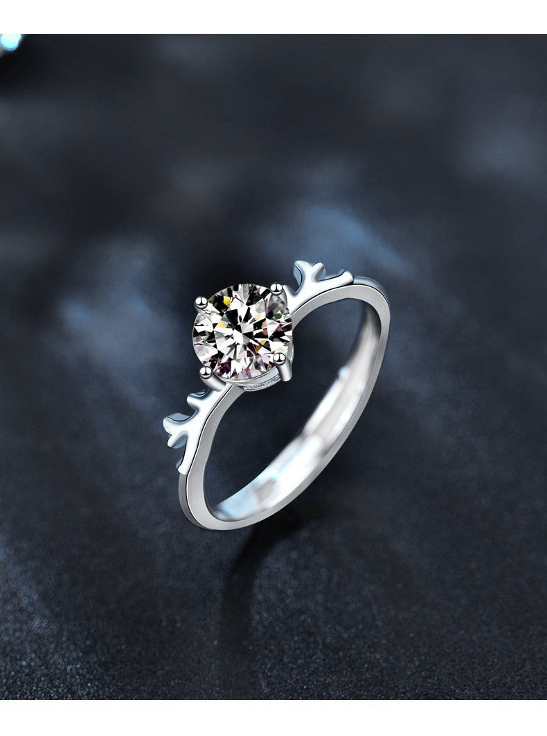 "With You Deer" Moissanite Open Ring 925 Sterling Silver Korean Style Mori Girl Antler Women's Ring Christmas Gift Jewelry