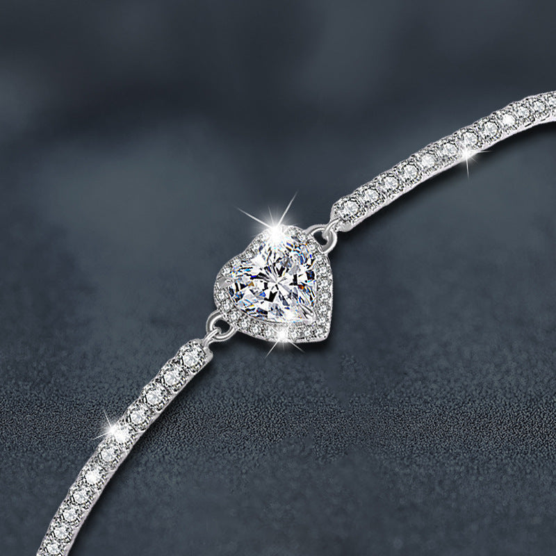 s925 Sterling Silver Heart Bracelet for Women, Simple and Versatile Silver Bracelet with Moissanite Inlay, Cross-border Jewelry