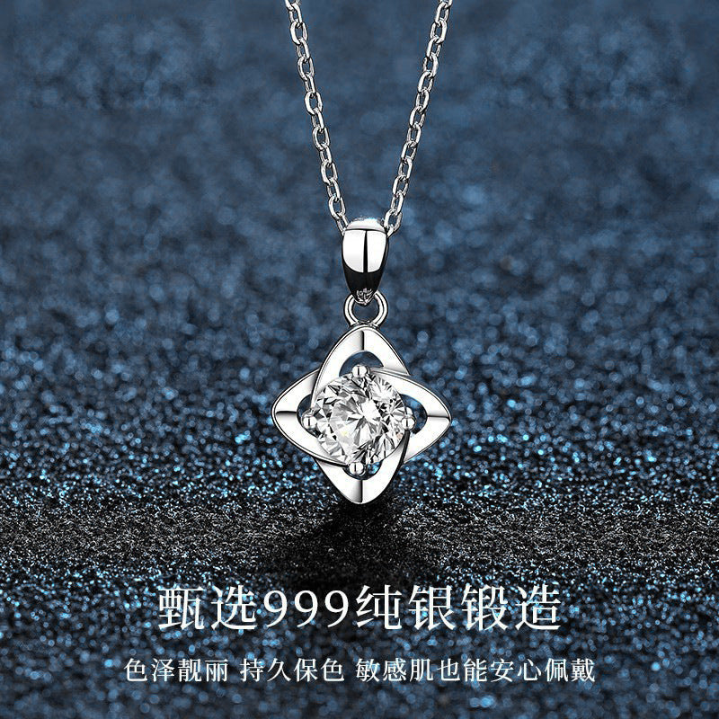 Mossianite Four-leaf Clover Necklace, Women's Korean Style New 925 Pure Silver Pendant Imitation Diamond Collar Jewelry