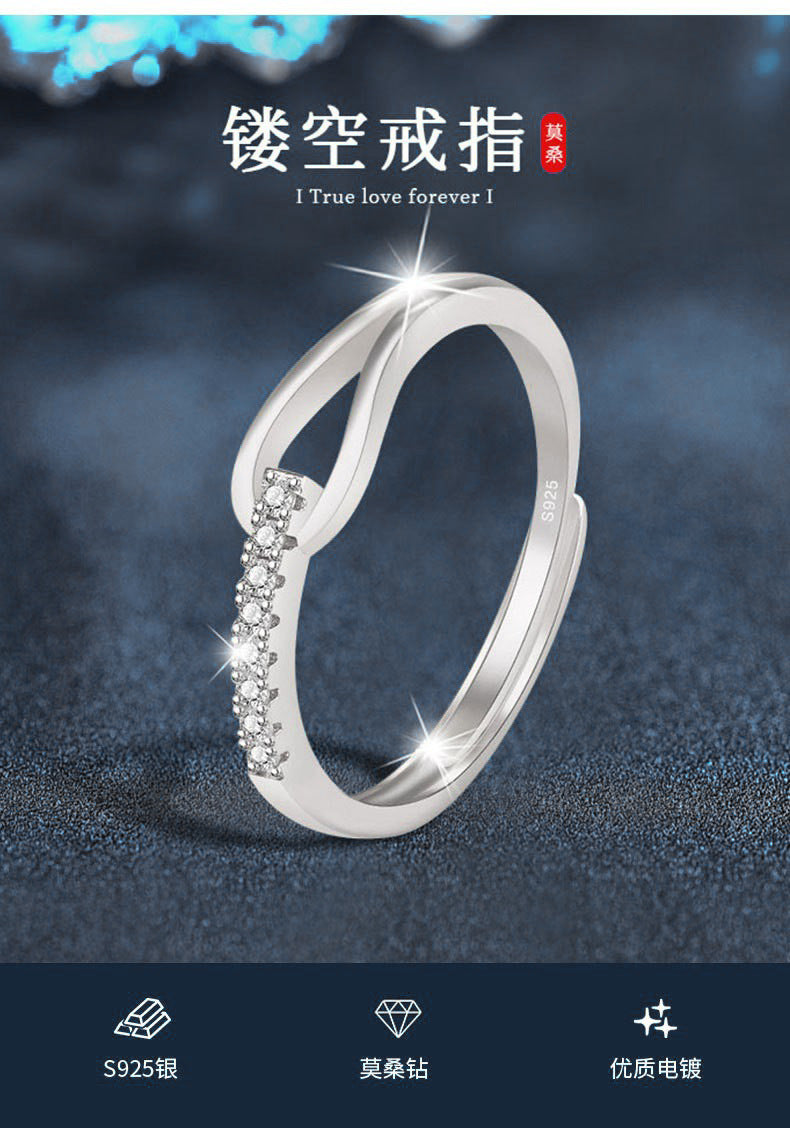 Mossianite 925 Silver Hollow Ring, Color-Lasting, Unique Design, Cold Style, Open Ring, Cross-border Jewelry