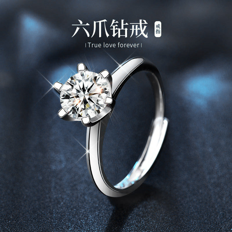 European and American Cross-border Moissanite Crown Ring 1-2 Carat 925 Sterling Silver Adjustable Opening Simple Six-Claw Women's Ring Platinum Wedding