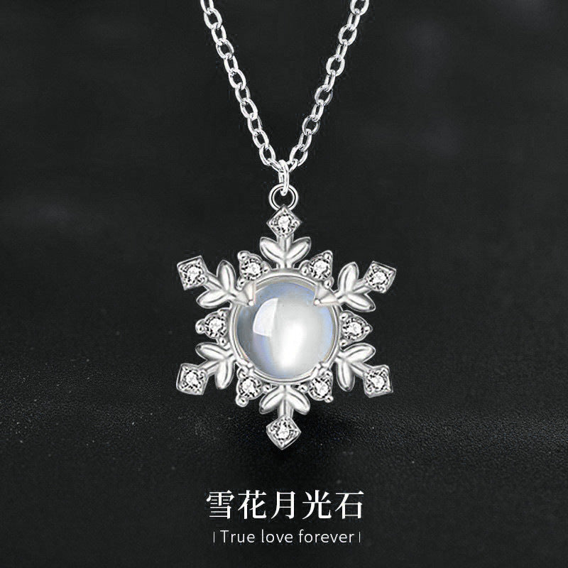 Moonstone Snowflake Necklace for Women, S925 Sterling Silver Pendant, Korean Style Fresh Clavicle Necklace, Christmas Gift Jewelry