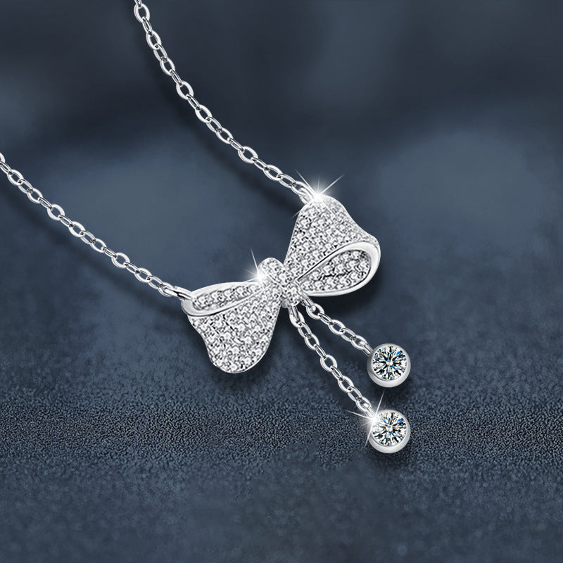 Women's Moissanite Jewelry Necklace 925 Silver Tassel Bow Pendant Luxury Collar Chain