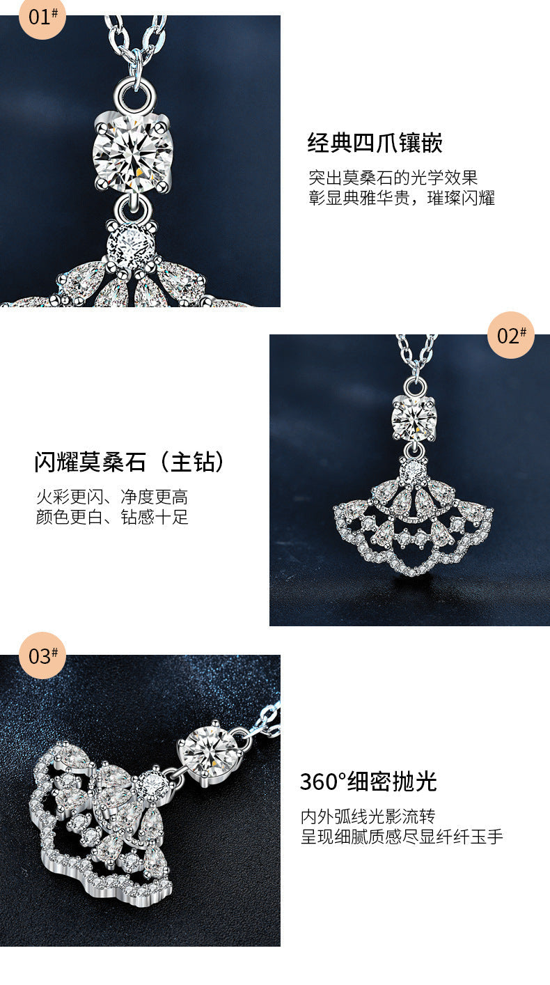 Moissanite small dress necklace for women, 925 pure silver full diamond fan pendant, unique design accessory, collar accessory