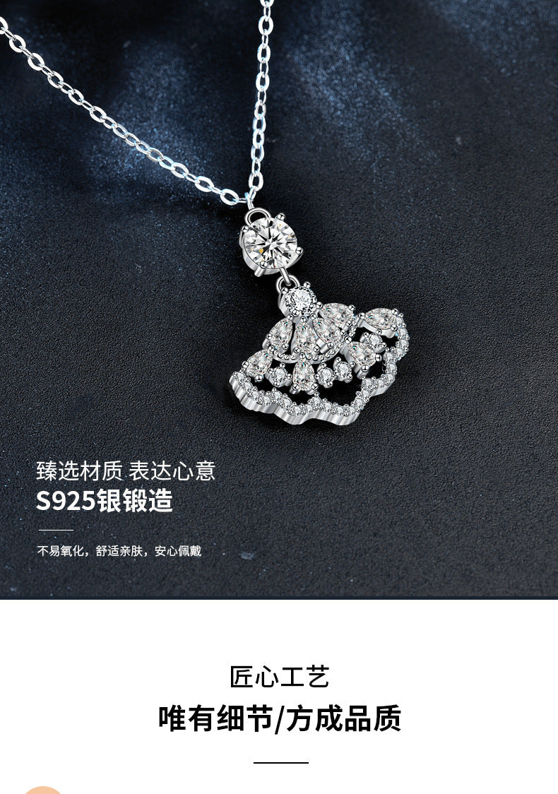 Moissanite small dress necklace for women, 925 pure silver full diamond fan pendant, unique design accessory, collar accessory