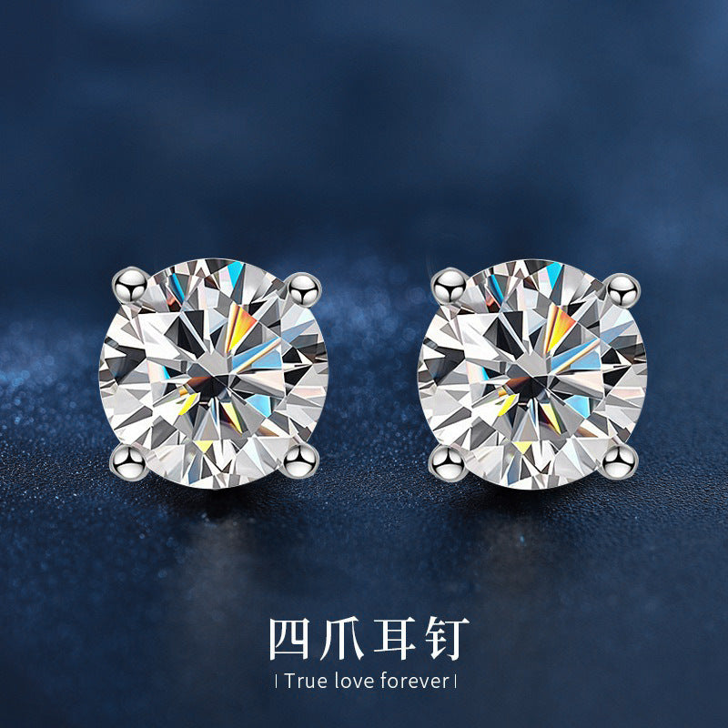 New 2 Carat Moissanite Niche Design Celebrity Earrings 925 Sterling Silver Fashion Square Four-Claw Ear Stud Empty Setting