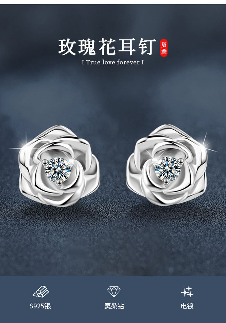 Moissanite Rose Earrings S925 Sterling Silver Niche Temperament Light Luxury High-End Earrings for Women