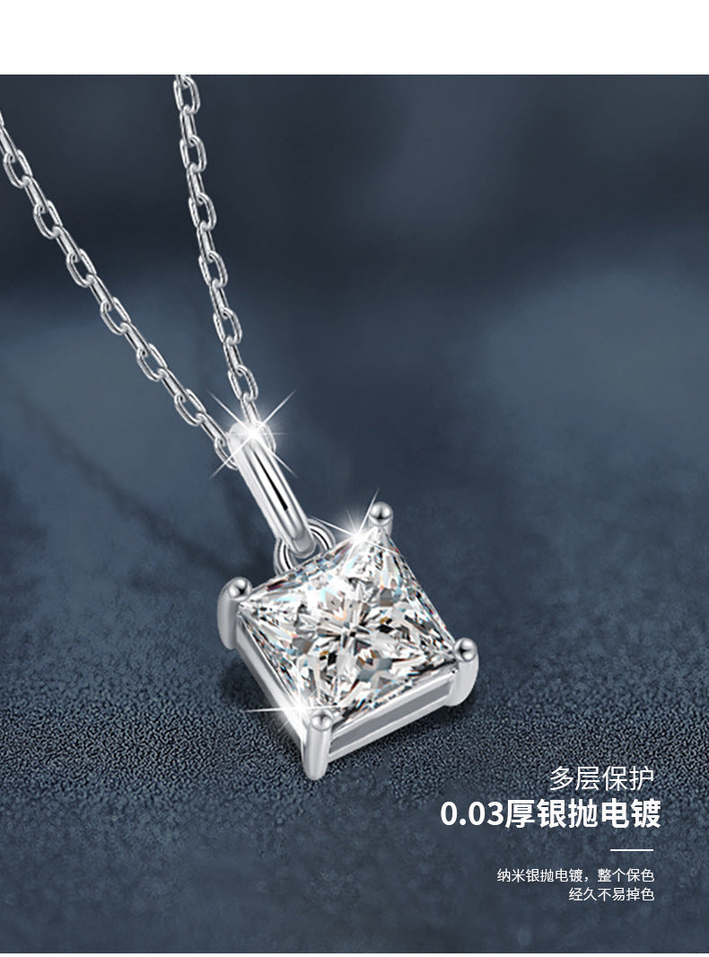 Cross-border jewelry moissanite princess cut necklace for women, 925 pure silver collar chain, ins trendy unique minimalist pendant