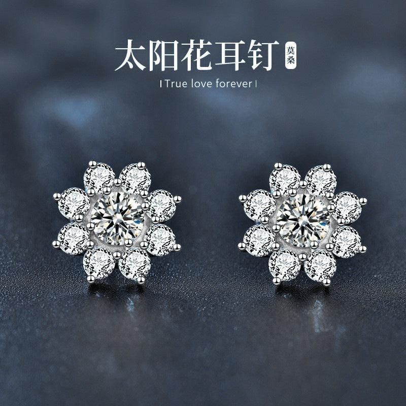 925 Sterling Silver Sunflower Stud Earrings for Women, Korean Style, Versatile, New Moissanite Personality Earrings, Valentine's Day Gift