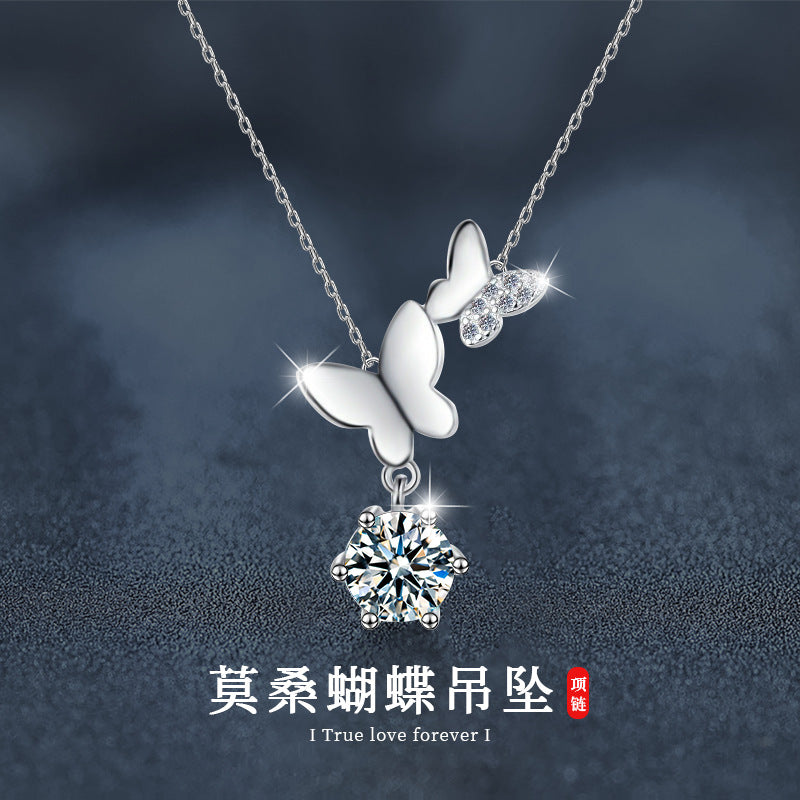 925 Silver Moissanite Butterfly Necklace, Colorfast, Women's Design, Autumn Winter High-end Collar Chain, Ins Unique Accessories