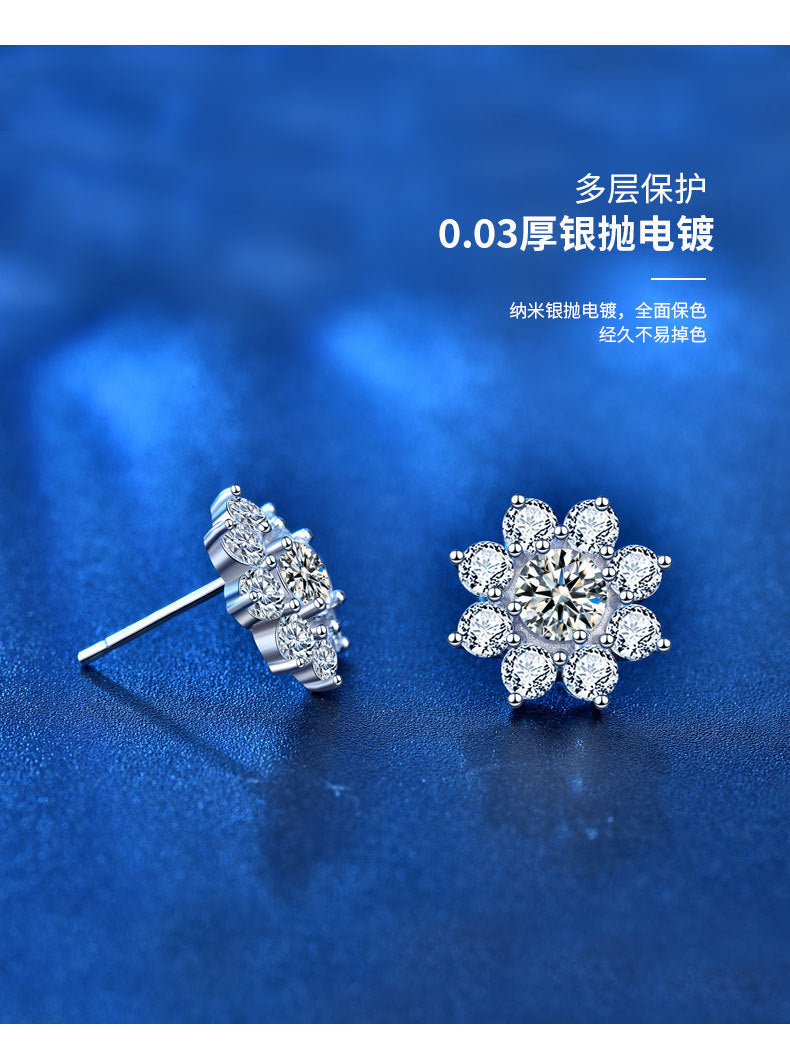 925 Sterling Silver Sunflower Stud Earrings for Women, Korean Style, Versatile, New Moissanite Personality Earrings, Valentine's Day Gift
