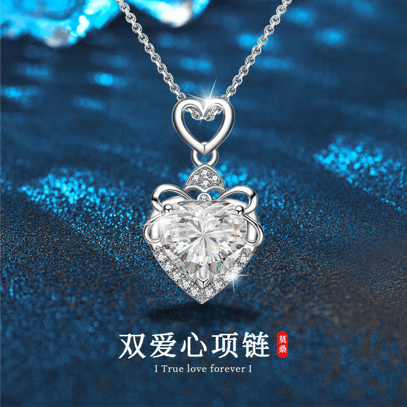 Cross-border jewelry 925 pure silver necklace for women, high-end luxury moissanite heart pendant collar chain