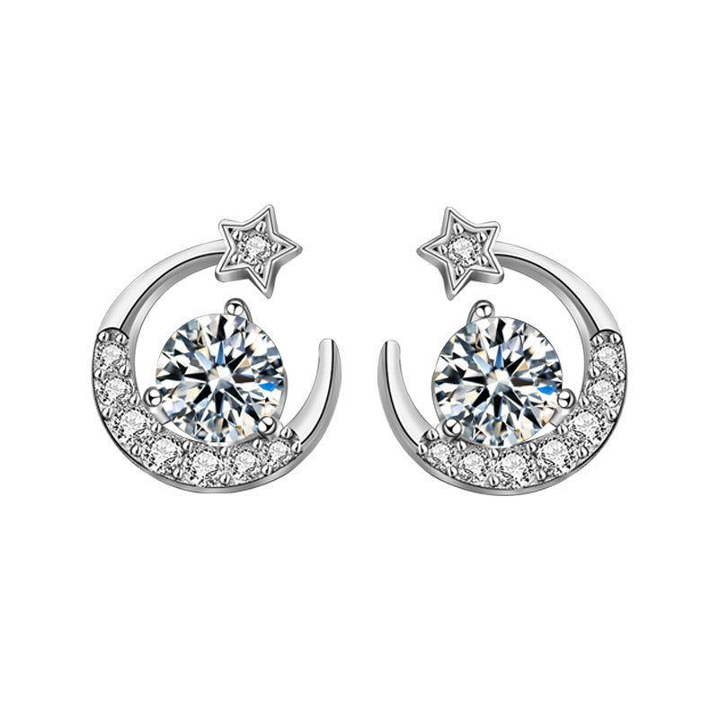 Moissanite 925 silver star moon earrings, ear piercing silver needle ear stick, delicate small earrings, summer earrings