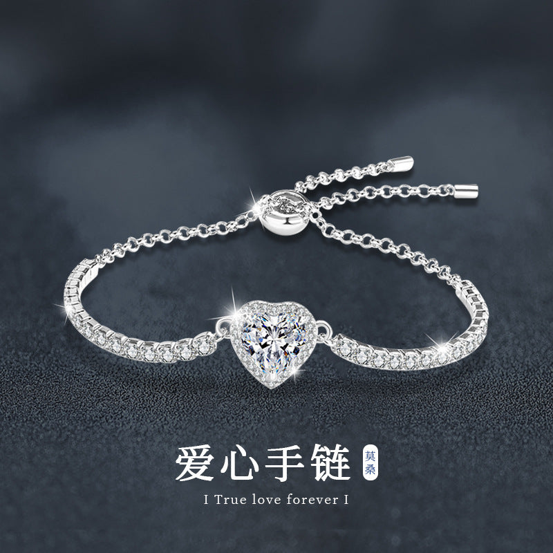 s925 Sterling Silver Heart Bracelet for Women, Simple and Versatile Silver Bracelet with Moissanite Inlay, Cross-border Jewelry