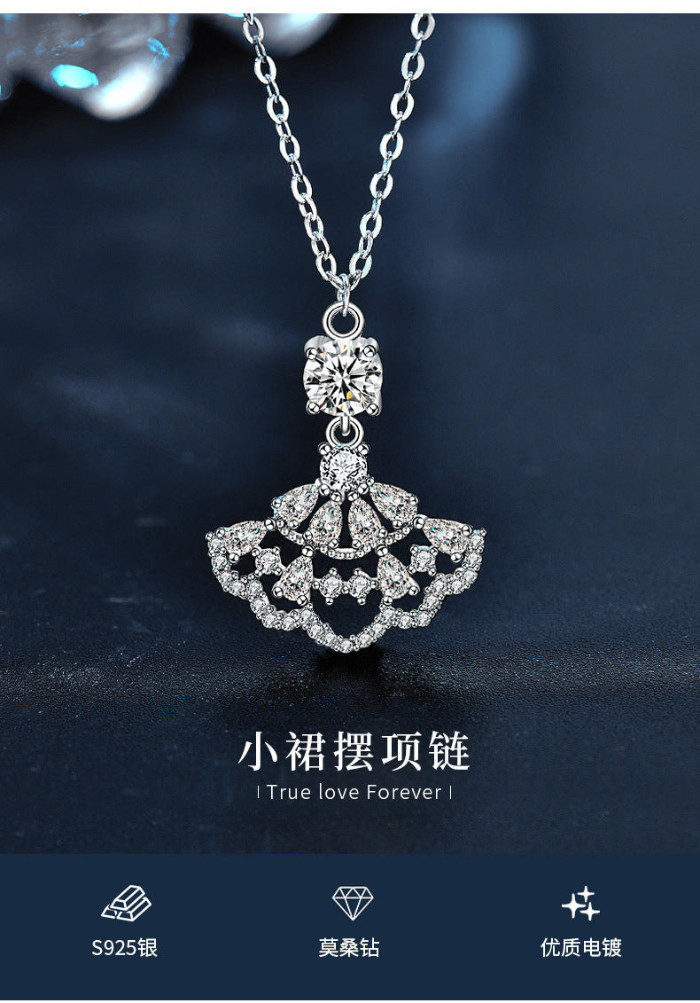 Moissanite small dress necklace for women, 925 pure silver full diamond fan pendant, unique design accessory, collar accessory