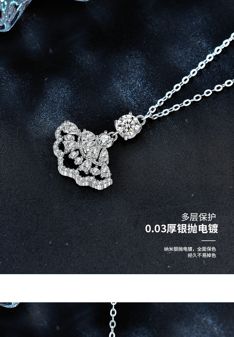 Moissanite small dress necklace for women, 925 pure silver full diamond fan pendant, unique design accessory, collar accessory