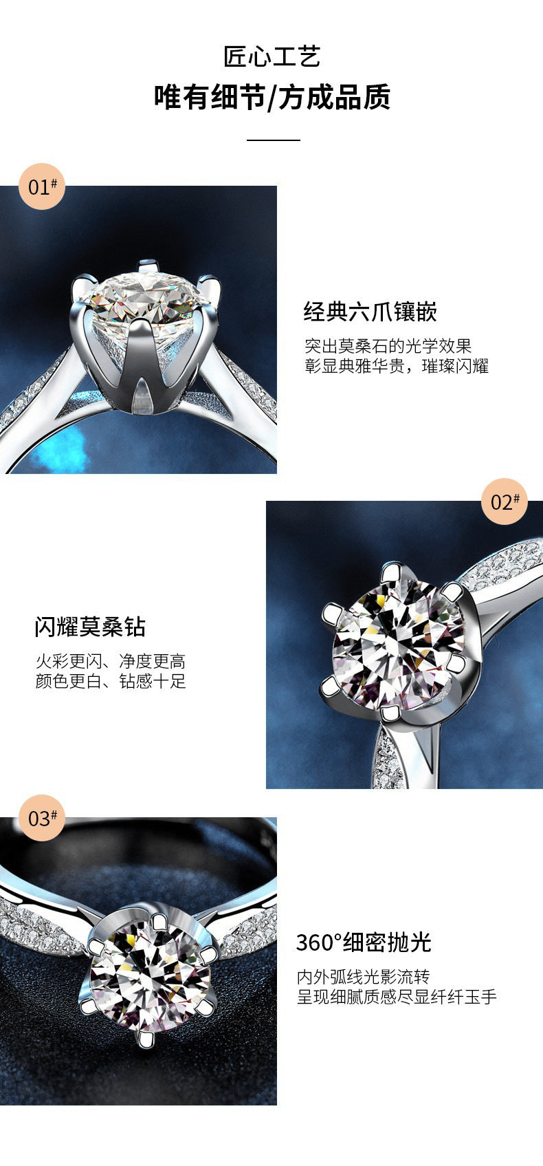 Moissanite Ring Women 925 Sterling Silver Zhou Family Six-Prong Women's Ring 1 Carat Open Versatile Jewelry Gemstone Jewelry