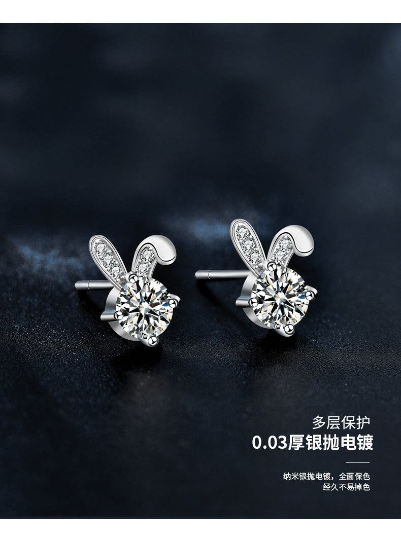 s925 cute rabbit earrings, women's pure silver, unique design, moissanite earrings, high-end earrings, design sense