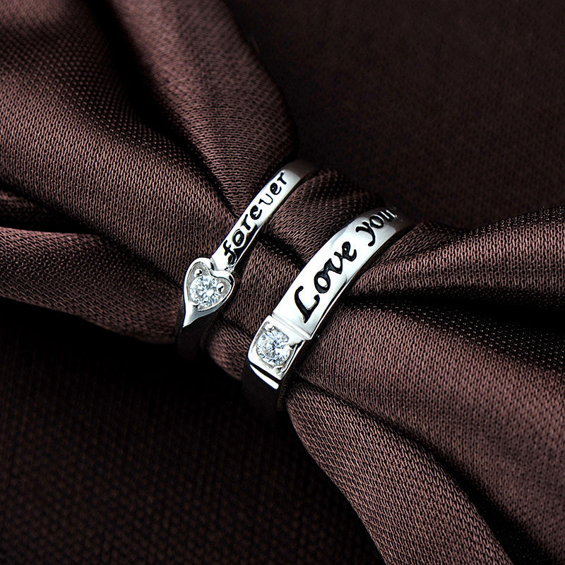 Love couple ring 925 pure silver pair oxidized vintage letter couple ring fashionable zircon open ring accessory
