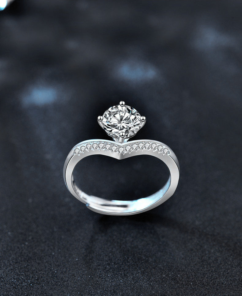 925 Sterling Silver Women's Princess Crown 1 Carat Moissanite Ring Fashion Open Ring V-shaped Heart Ring