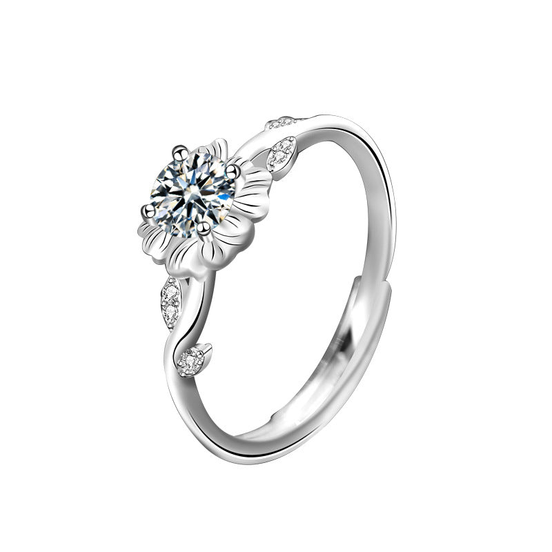 925 Sterling Silver Sunflower Ring for Women, Vintage Personalized Sunflower Open Ring, Emerald Moissanite Jewelry