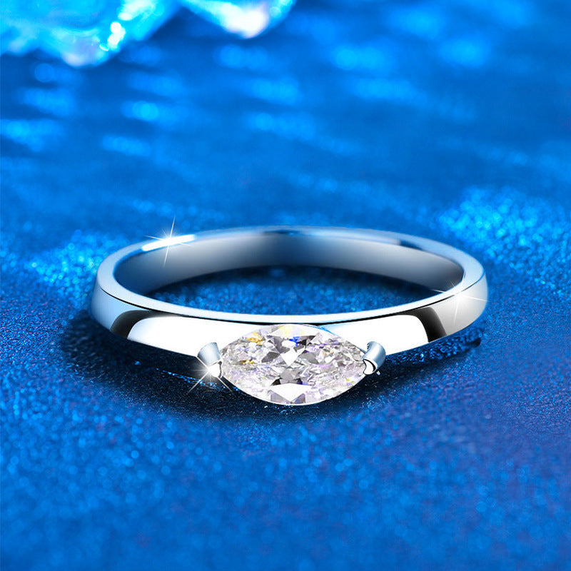 S925 Sterling Silver Ring Women's Light Luxury High-End Inlaid Marquise Moissanite Simulated Diamond Ring Silver Jewelry